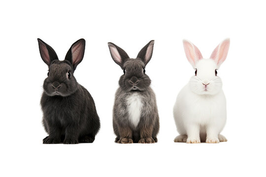A recently born rabbit with three different colors is standing and gazing upward. The photo was taken in a studio, with the rabbit isolated against a transparent background.