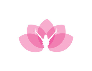 A logo featuring a woman with open hands in   flowers, symbolizing openness, purity, and spiritual connection. The design evokes serenity, inner strength, and harmony wit