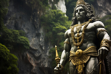 Fototapeta na wymiar Statue of lord muragan and entrance at batu caves in kuala lumpur, malaysia