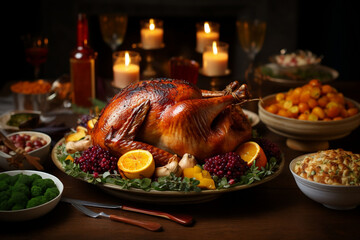 thanksgiving roast turkey on dinner table surrounded by food and candles fall aesthetic - obrazy, fototapety, plakaty