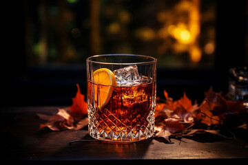 fall autumn old fashioned cocktail with autumn leaves and light in the background - obrazy, fototapety, plakaty