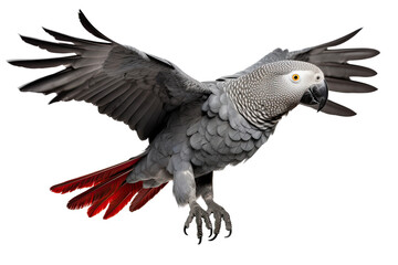 African Grey Parrot flying isolated on white, transparent background, PNG