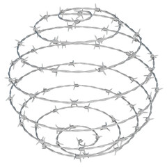 a 3D illustration of a barbed wire fence twisted into a spherical spiral shape.