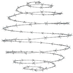 a 3D illustration of a barbed wire fence twisted into a spherical spiral shape.
