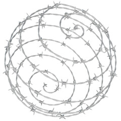 a 3D illustration of a barbed wire fence twisted into a spherical spiral shape.