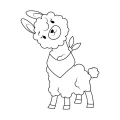 Cute alpaca in black outline coloring page for kids