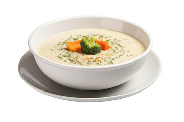 A transparent background highlights a bowl filled with vegetable cream soup.