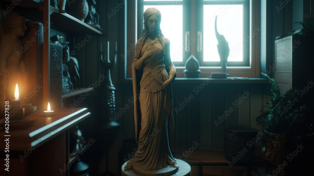 Poster a statue of a woman holding a cat in front of a window. generative ai image.