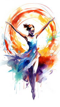 Watercolor abstract representation of rhythmic gymnastics. Rhythmic gymnastics player in action during colorful paint splash, isolated on white background. AI generated illustration.