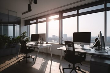 Bright office space with computer and cityscape. Generative AI