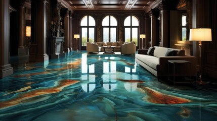 Obraz na płótnie Canvas Modern living room interior, floor covering with epoxy resin, crystal clear creative floor, large interior space, generative AI