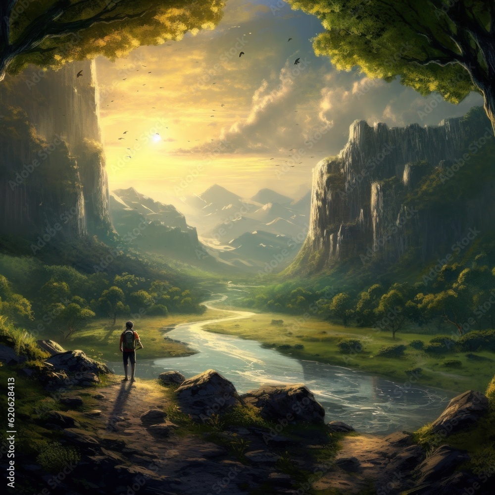 Poster a painting of a man standing on a cliff overlooking a river. generative ai image.