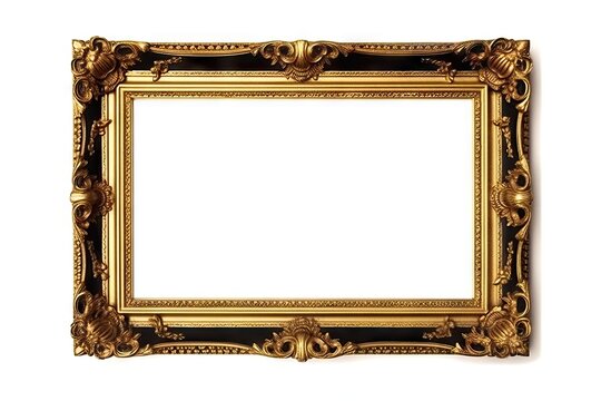Luxurious vintage. Retro decor. Empty wooden black and gold frame isolated on white background