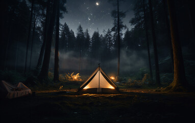 A tent is lit up nestled in the enchanting woods at night.
