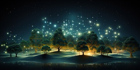 AI Generated. AI Generative. Glowing light energy forest trees at night. Nature outdoor wild landscape. Graphic Art