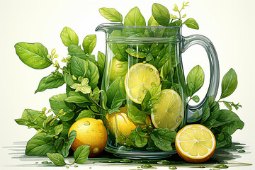 Transparent jug filled with lemons and mint leaves, lemonade, majito on background of fruits and leaves. Generative AI