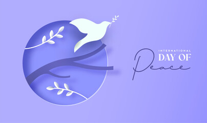 International day of peace paper cut white dove with branch banner illustration