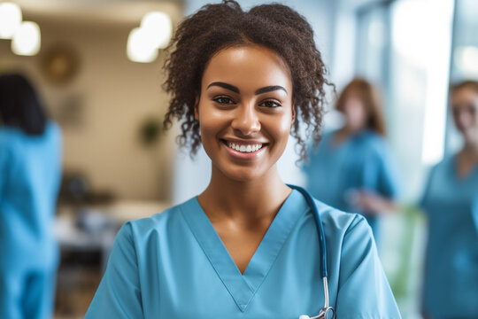 Portrait of a young nursing student standing with her team in hospital, dressed in scrubs, Doctor intern . High quality photo
