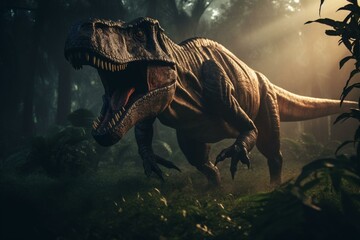 Realistic T-Rex hunting in prehistoric jungle. Generative AI