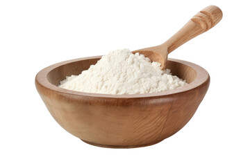 A flour spoon rests inside a wooden bowl filled with rice or wheat flour, which is seen on a plain transparent background.
