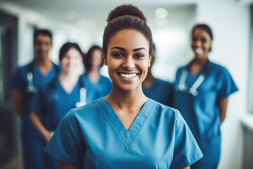 Portrait of a young nursing student standing with her team in hospital, dressed in scrubs, Doctor intern . High quality photo - obrazy, fototapety, plakaty