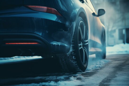 Close-up of smoking exhaust pipe from gasoline car warming up at idle during winter season. Blue smoke. Generative AI