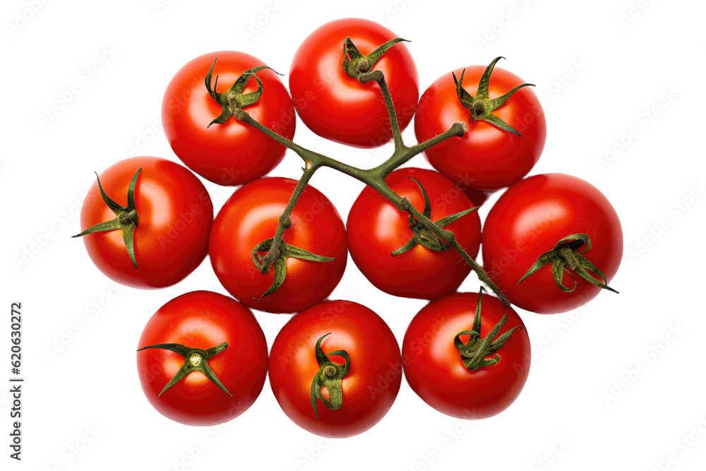 Poster top perspective of a cluster of recently-picked tomatoes isolated on a transparent transparent backg