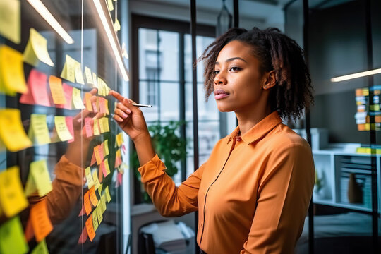 Illustration of a woman using sticky notes to brainstorm and plan in a business setting created with Generative AI technology