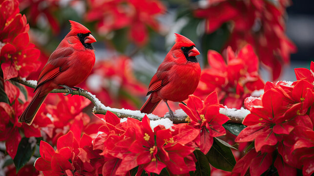 two red cardinal bids in winter sitting on a branch with red flowers. 