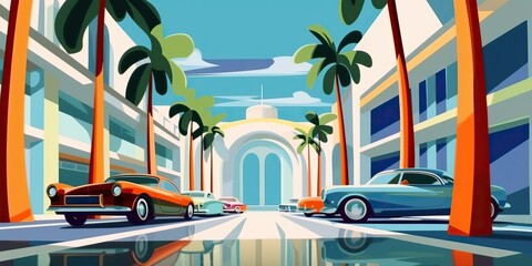 AI Generated. AI Generative. Miami beach old vintage retro car with ocean palm city urban usa american 1980 vibe. Graphic Art