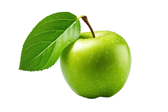 A freshly picked green apple with a leaf and sliced, seen alone on a transparent background. The background has been removed.