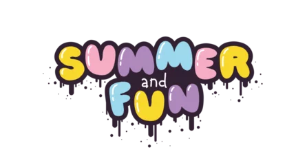 Fotobehang Summer and fun - lettering short slogan quote in cute retro graffiti style. Bubble hand drawn letters with black stroke and streaks of paint splashes. Vector isolate on white background. © Світлана Харчук