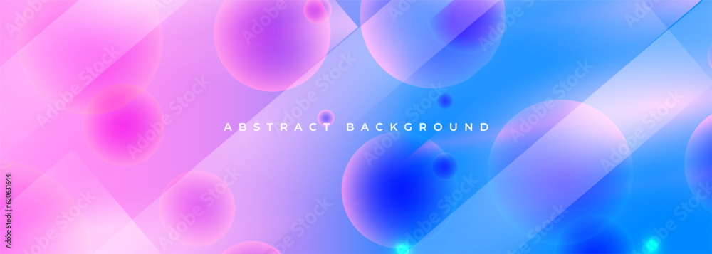 Poster bright pink and blue 3d abstract geometric background with circles, spheres and lines. vector wide h