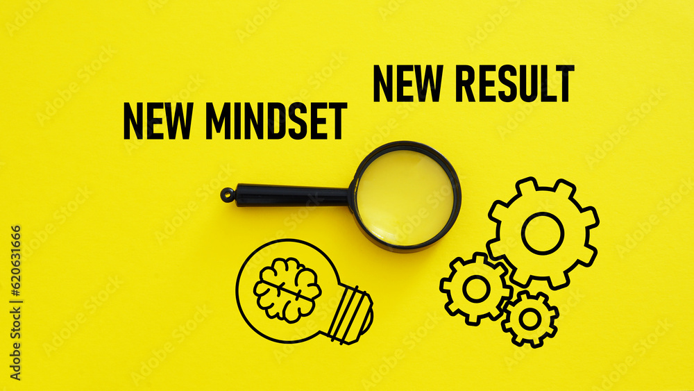 Poster New Mindset New Result is shown using the text and picture of gears and the lamp with the brain