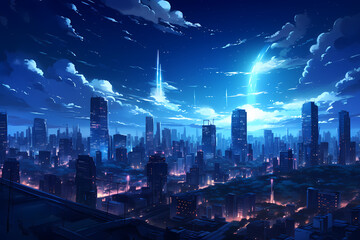 city ​​view at night anime style