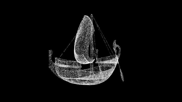 3D ancient ship galley rotates on black bg. Historical scientific concept. For title, text, presentation. Shimmering particles. 3D animation 60 FPS