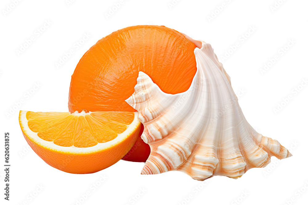 Poster a conch shell that is white in color, along with oranges, is placed on a transparent background and 