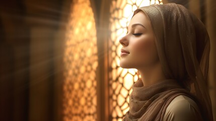 Profile of a pretty muslim woman praying inside a beautiful mosque, bright natural lighting. Generative AI