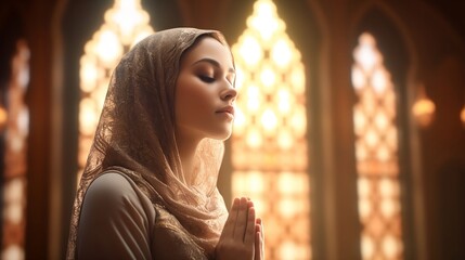 Profile of a pretty muslim woman praying inside a beautiful mosque, bright natural lighting. Generative AI
