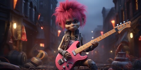 Naklejka premium AI Generated. AI Generative. Cute baby monster figure in leather rock and roll punk jacket. Halloween scary funny boo vibe. Kids cartoon character. Graphic Art
