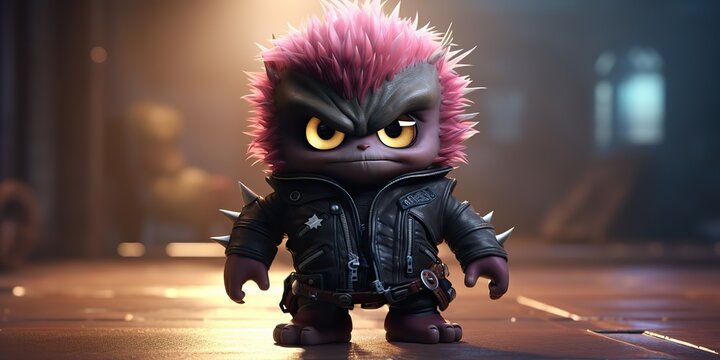 AI Generated. AI Generative. Cute baby monster figure in leather rock and roll punk jacket. Halloween scary funny boo vibe. Kids cartoon character. Graphic Art