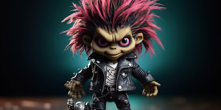 AI Generated. AI Generative. Cute baby monster figure in leather rock and roll punk jacket. Halloween scary funny boo vibe. Kids cartoon character. Graphic Art