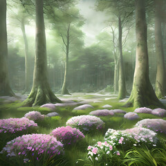 Beautiful green forest with flowers and moss with trees Generative AI