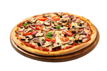 Tasty meat-free pizza topped with champignon mushrooms, tomatoes, mozzarella, bell peppers, and black olives, set against a transparent background.