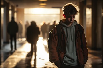 Impact of bullying - Young person alone in a school hallway