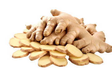 A flat arrangement of slices of fresh ginger root placed on a transparent background.