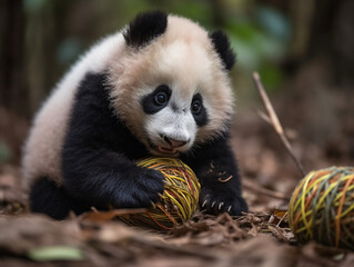Fototapeta premium A playful panda bear cub with a ball of yarn Generative Ai