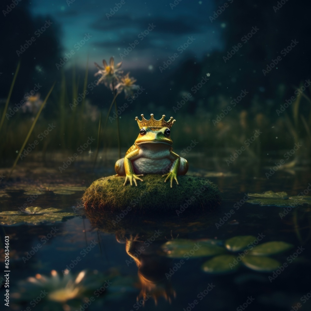Poster a frog with a crown sitting on a rock in a pond. generative ai image.