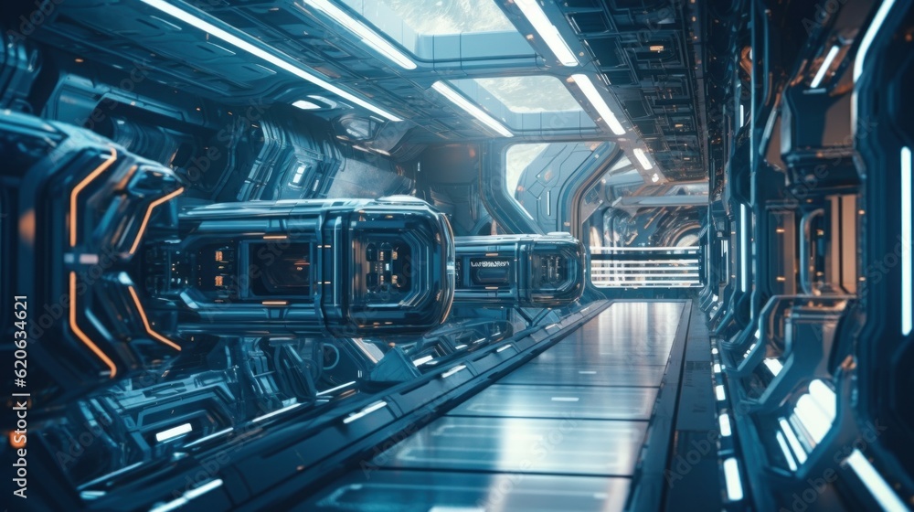 Poster a futuristic sci - fi space station with a long corridor. generative ai image.