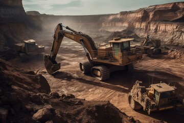 Mining gold with heavy machinery in an open pit. Generative AI